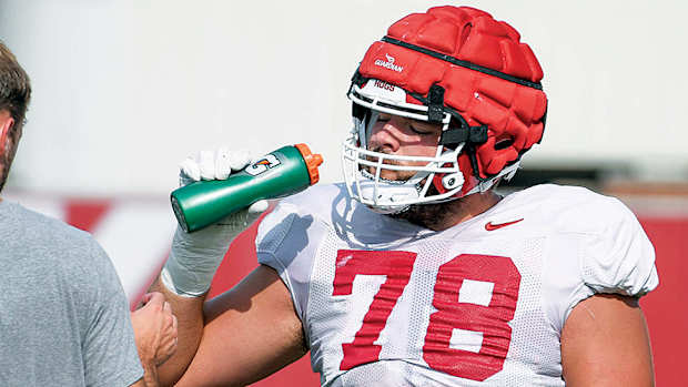 Razorbacks' offensive lineman Joshua Braun at practice outside back in early September.